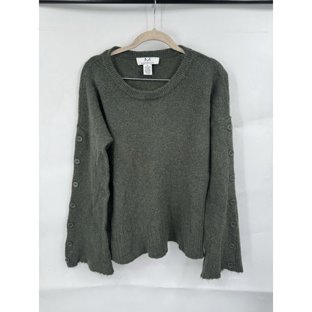 M Magaschoni Yak Wool Blend Sweater Women Medium Green Button Wide Sleeve Casual